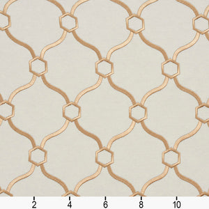Essentials Linen Upholstery Drapery Fabric Ivory Gold Embroidered Trellis Geometric