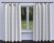 Load image into Gallery viewer, Essentials Linen Upholstery Drapery Fabric Ivory Gold Embroidered Trellis Geometric