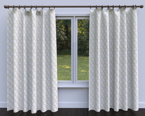 Essentials Linen Upholstery Drapery Fabric Ivory Gold Embroidered Trellis Geometric