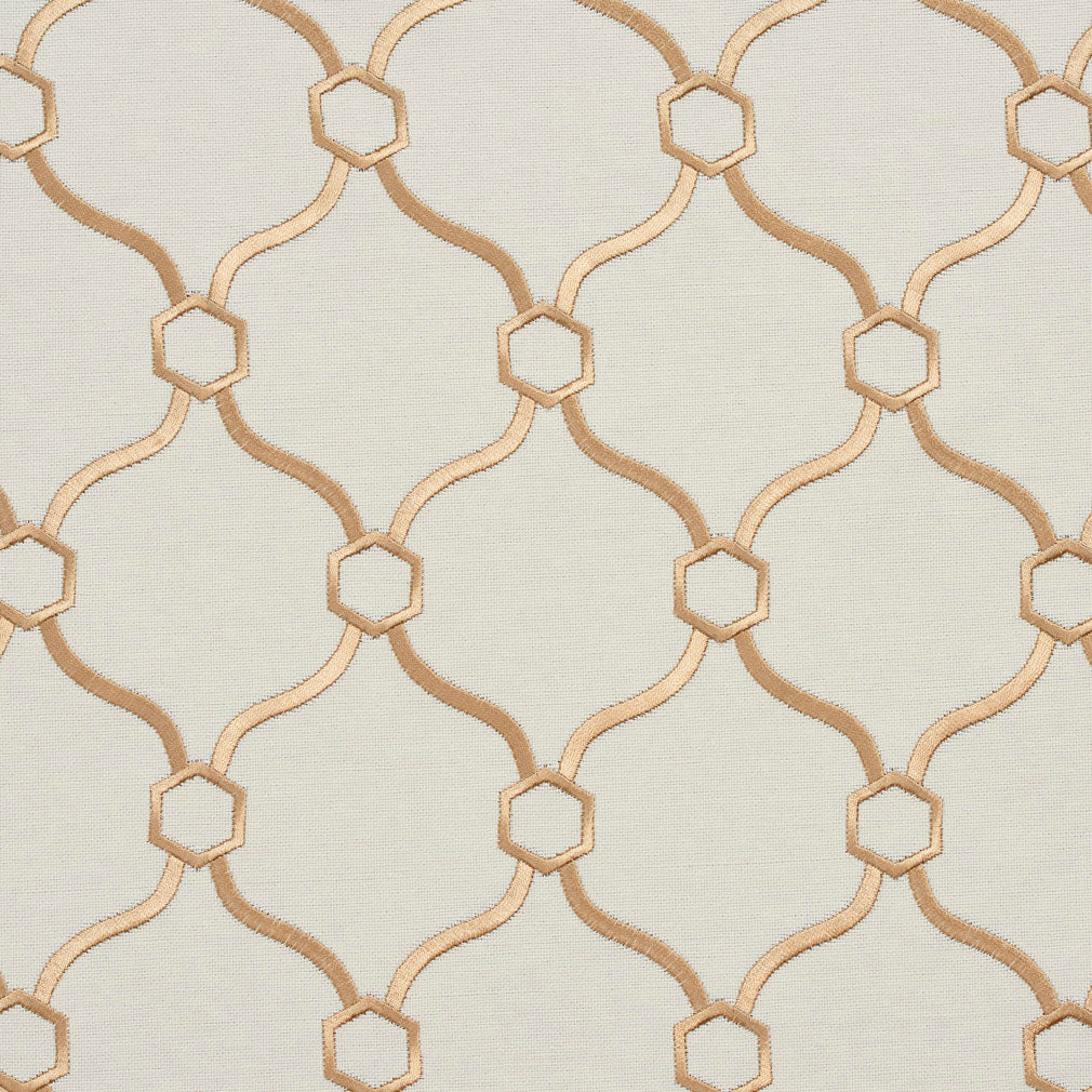 Essentials Linen Upholstery Drapery Fabric Ivory Gold Embroidered Trellis Geometric