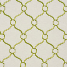 Load image into Gallery viewer, Essentials Linen Upholstery Drapery Fabric Ivory Lime Embroidered Trellis Geometric