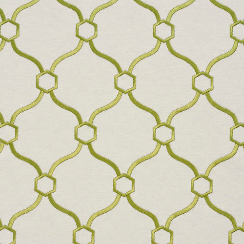 Essentials Linen Upholstery Drapery Fabric Ivory Lime Embroidered Trellis Geometric