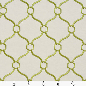 Essentials Linen Upholstery Drapery Fabric Ivory Lime Embroidered Trellis Geometric