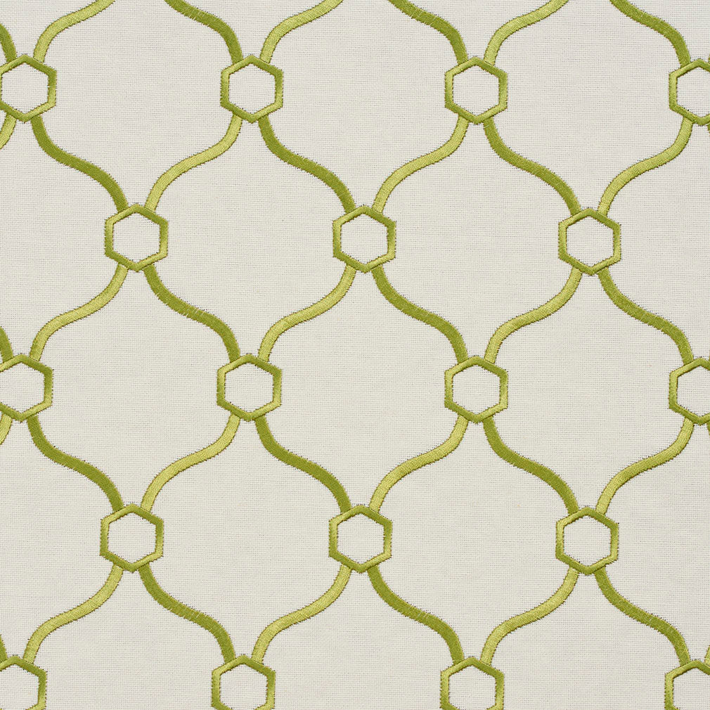 Essentials Linen Upholstery Drapery Fabric Ivory Lime Embroidered Trellis Geometric