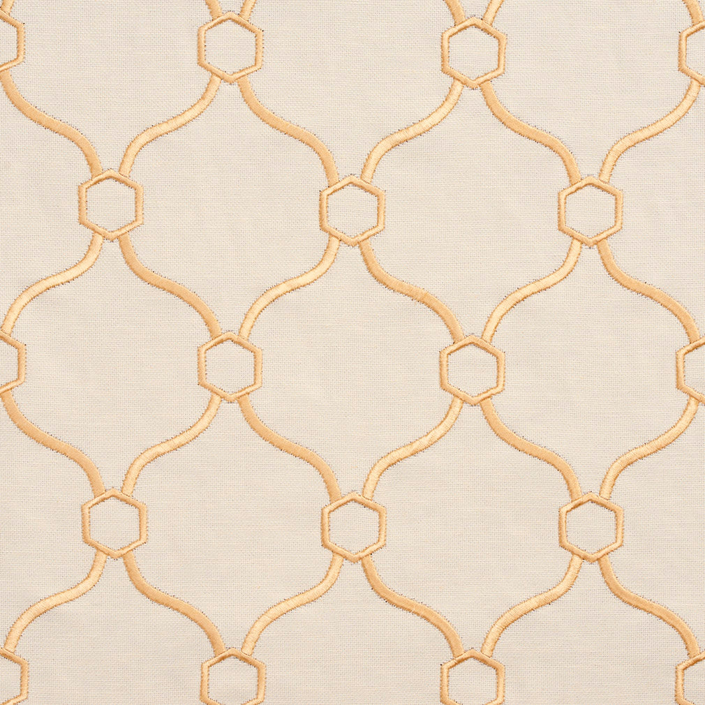 Essentials Linen Upholstery Drapery Fabric Ivory Yellow Embroidered Trellis Geometric
