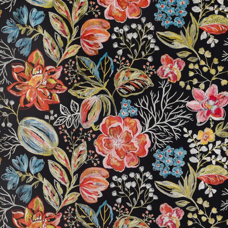 Joy Embroidered Black Floral Linen Cotton Blend Drapery Fabric / Night Fire