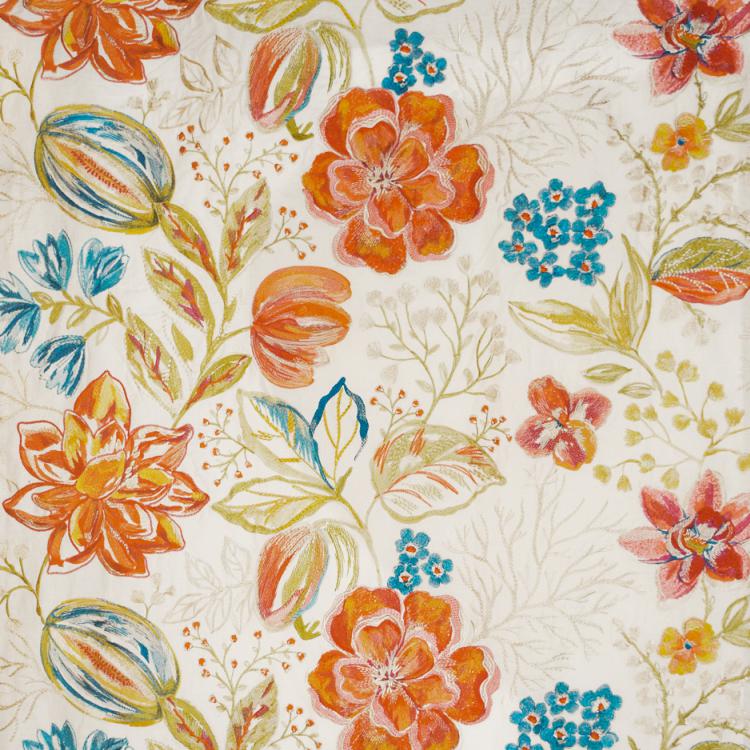 Joy Embroidered Floral Linen Cotton Blend Drapery Fabric / Tropical