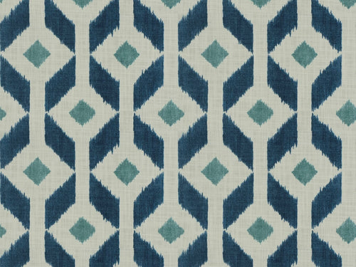 Water & Stain Resistant Cream Navy Blue Teal Ikat Geometric Upholstery Drapery Fabric