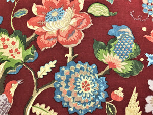 Lee Jofa Cameron Ruby Floral Jacobean Bird Print Linen Cotton Red Green Blue Mustard Yellow Upholstery Drapery Fabric