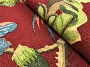 Lee Jofa Cameron Ruby Floral Jacobean Bird Print Linen Cotton Red Green Blue Mustard Yellow Upholstery Drapery Fabric