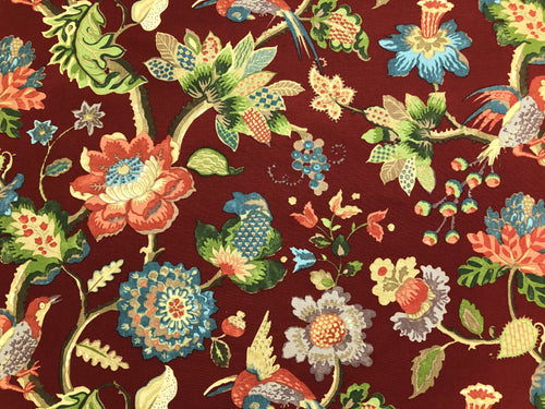 Lee Jofa Cameron Ruby Floral Jacobean Bird Print Linen Cotton Red Green Blue Mustard Yellow Upholstery Drapery Fabric