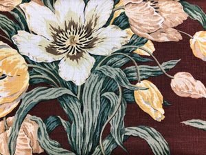 Lee Jofa La Maddalena Mocha Brown Yellow Green Cream Tulip Floral Botanical Large Scale Linen Upholstery Drapery Fabric