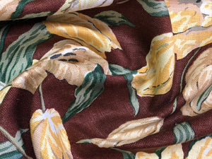 Lee Jofa La Maddalena Mocha Brown Yellow Green Cream Tulip Floral Botanical Large Scale Linen Upholstery Drapery Fabric