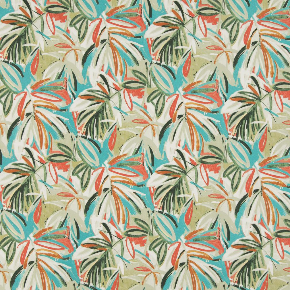 Essentials Outdoor Stain Resistant Leaves Upholstery Drapery Fabric Coral Turquoise Green / Fiji