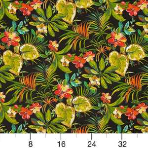 Essentials Outdoor Stain Resistant Leaves Upholstery Drapery Fabric Lime Coral Black / Rio