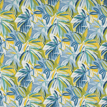 Load image into Gallery viewer, Essentials Outdoor Stain Resistant Leaves Upholstery Drapery Fabric Blue Yellow Lime / Seabreeze
