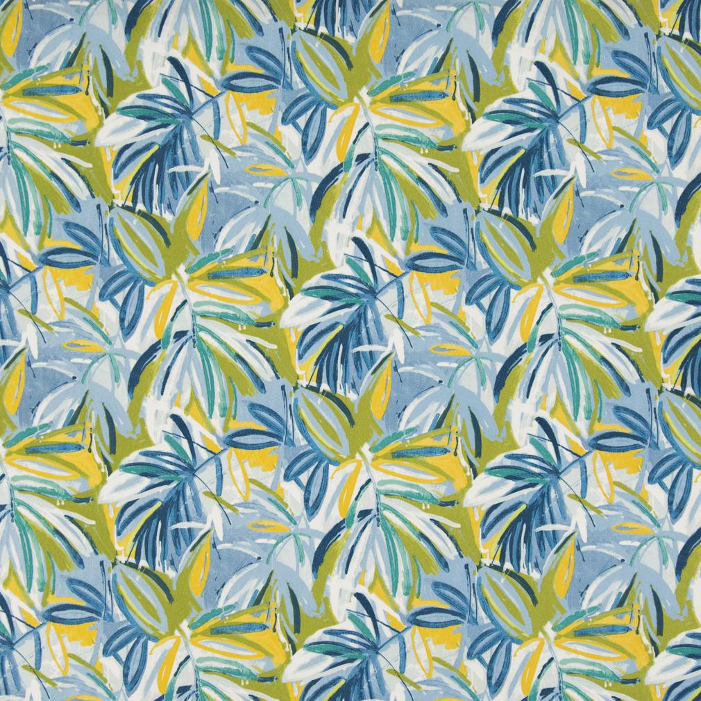 Essentials Outdoor Stain Resistant Leaves Upholstery Drapery Fabric Blue Yellow Lime / Seabreeze