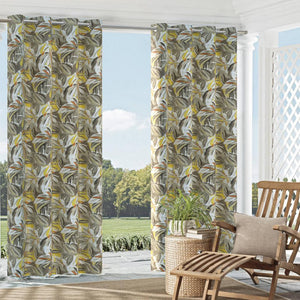 Essentials Outdoor Stain Resistant Leaves Upholstery Drapery Fabric Yellow Gray White / Captiva