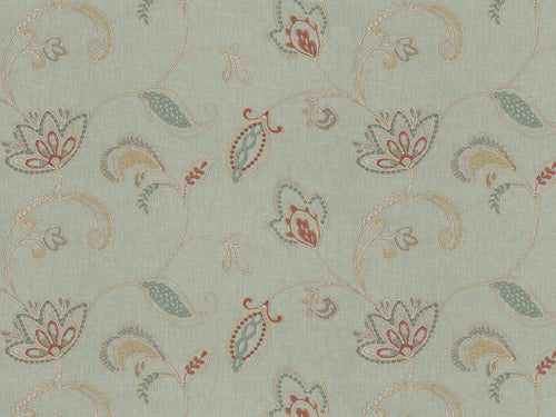 Seafoam Aqua Green Coral Orange Beige Floral Embroidered Drapery Fabric