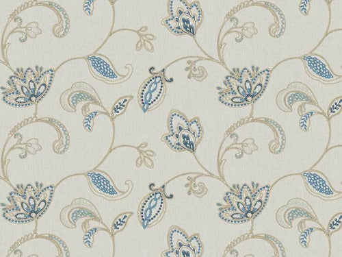 Cream Beige Navy Blue Seafoam Floral Embroidered Drapery Fabric