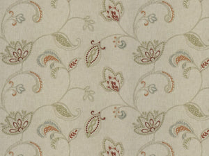 Taupe Beige Rusty Red Floral Embroidered Drapery Fabric