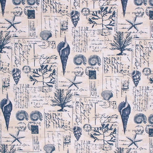 Cotton Upholstery Drapery Fabric Nautical Beach Tropical Navy Blue Beige Cream Coral Shell / Mariner