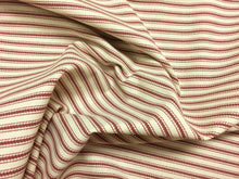 Load image into Gallery viewer, Malabar Drum Cranberry Red Cream Outdoor Ticking Railroaded Stripe Pattern Water Resistant Upholstery Fabric