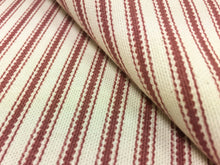 Load image into Gallery viewer, Malabar Drum Cranberry Red Cream Outdoor Ticking Railroaded Stripe Pattern Water Resistant Upholstery Fabric