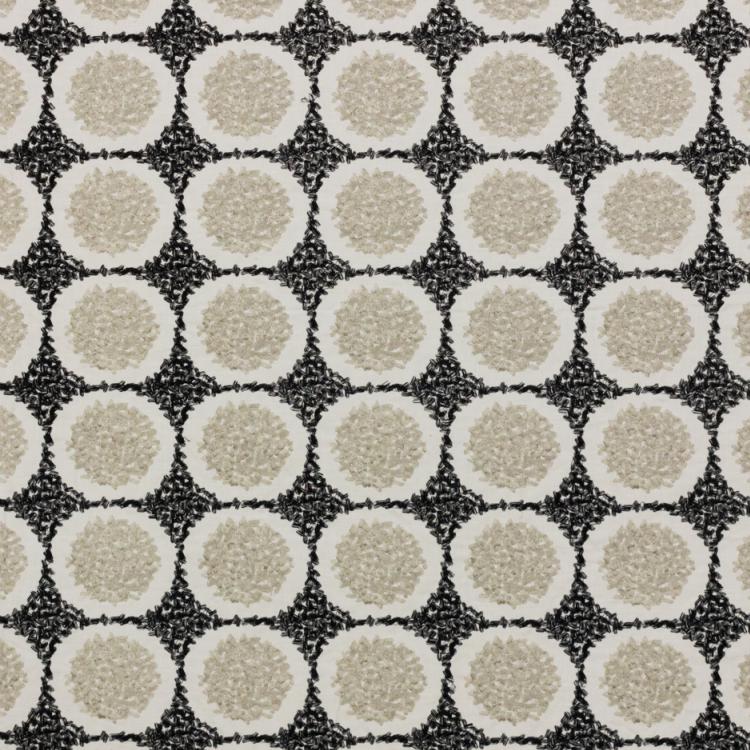 Embroidered Black Beige Geometric Mosaic Linen Blend Drapery Fabric / Nightfall