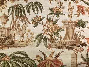 Lee Jofa Nelson Straw Linen Nylon Floral Beige Botanical Toile Green Coral Printed in England Upholstery Drapery Fabric