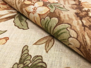 Lee Jofa Nelson Straw Linen Nylon Floral Beige Botanical Toile Green Coral Printed in England Upholstery Drapery Fabric