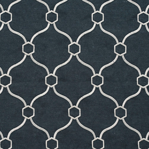 Essentials Linen Upholstery Drapery Fabric Navy White Embroidered Trellis Geometric