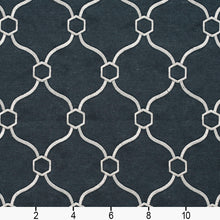 Load image into Gallery viewer, Essentials Linen Upholstery Drapery Fabric Navy White Embroidered Trellis Geometric