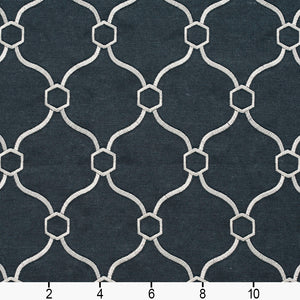 Essentials Linen Upholstery Drapery Fabric Navy White Embroidered Trellis Geometric