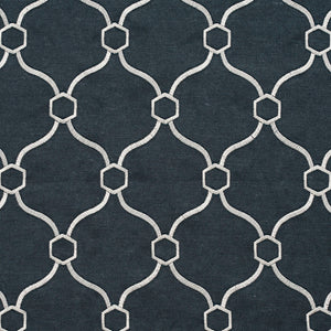 Essentials Linen Upholstery Drapery Fabric Navy White Embroidered Trellis Geometric