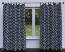 Load image into Gallery viewer, Essentials Linen Upholstery Drapery Fabric Navy White Embroidered Trellis Geometric