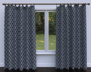 Essentials Linen Upholstery Drapery Fabric Navy White Embroidered Trellis Geometric