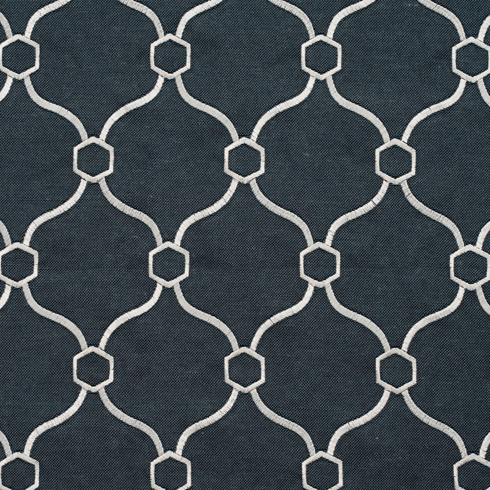 Essentials Linen Upholstery Drapery Fabric Navy White Embroidered Trellis Geometric
