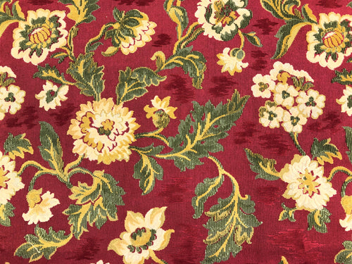 Brunschwig & Fils Ombremont Grospoint Rouge Belgian Cut Velvet Red Beige Green Mustard Yellow Floral Upholstery Tapestry Fabric