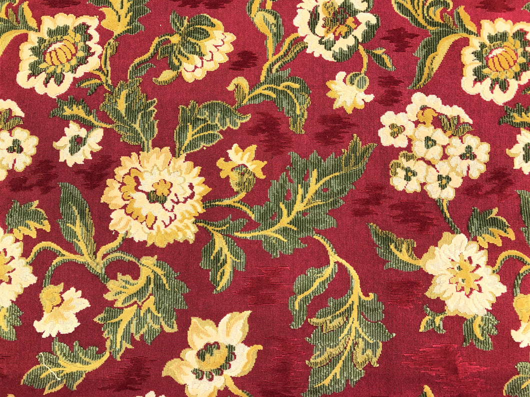 Brunschwig & Fils Ombremont Grospoint Rouge Belgian Cut Velvet Red Beige Green Mustard Yellow Floral Upholstery Tapestry Fabric