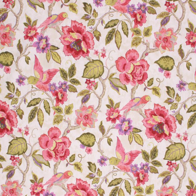 Spanish Cotton Floral Bird Drapery Fabric Ivory Beige Red Green / Orchid