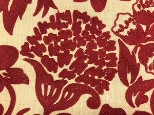 Lee Jofa Oscar De La Renta Flora Red Neutral Beige Floral Embroidered Drapery Upholstery Fabric