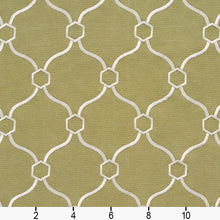 Load image into Gallery viewer, Essentials Linen Upholstery Drapery Fabric Olive Ivory Embroidered Trellis Geometric