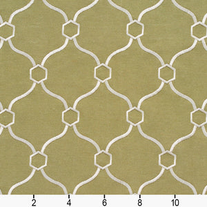Essentials Linen Upholstery Drapery Fabric Olive Ivory Embroidered Trellis Geometric