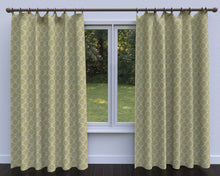 Load image into Gallery viewer, Essentials Linen Upholstery Drapery Fabric Olive Ivory Embroidered Trellis Geometric