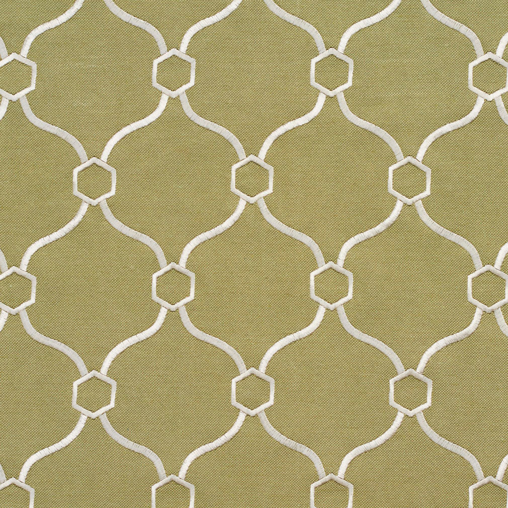 Essentials Linen Upholstery Drapery Fabric Olive Ivory Embroidered Trellis Geometric