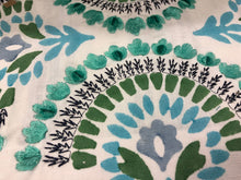 Load image into Gallery viewer, Embroidered Floral Velvet Drapery Fabric Ivory Navy Blue Aqua / Peacock RMBLV