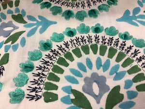 Embroidered Floral Velvet Drapery Fabric Ivory Navy Blue Aqua / Peacock RMBLV