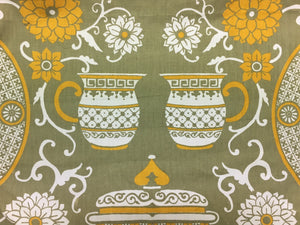 Olive Green Yellow Off White Philip Hackbarth Vintage Chinoiserie Asian Vases Ginger Jars Toile Drapery Fabric