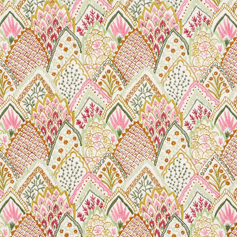 SCHUMACHER ALBIZIA EMBROIDERY FABRIC / PINK & LEAF